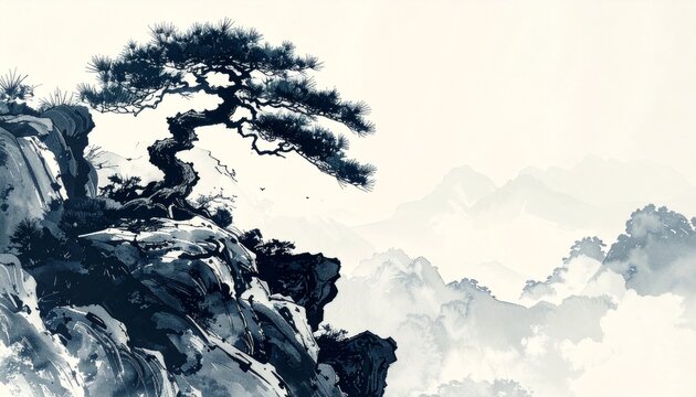 Ancient pine tree on rocky cliff sumi-e ink painting with misty mountains, traditional Japanese landscape art