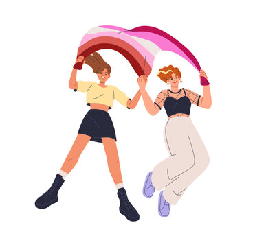 Happy homosexual girl couple holding lesbian flag. Love partners, women celebrating Pride Month. Female with LGBT symbol in hands for celebration. Flat vector illustration isolated on white background