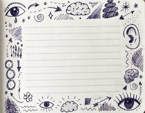 A lined notebook paper with blue ink hand drawn psychology doodles border