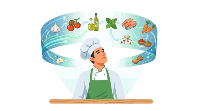 Professional chef looking at floating digital holographic recipe ingredients interface flat design vector illustration