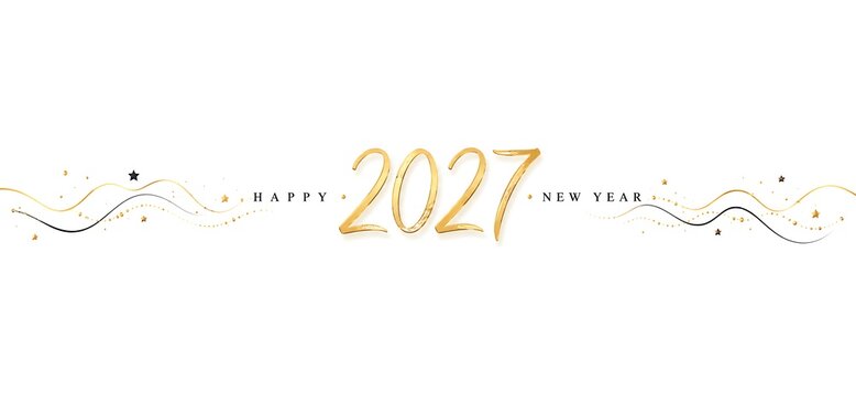Happy new year 2027 golden text design with decorative elegant wavy lines and tiny sparkling stars for festive holiday celebration banner and greeting card background illustration