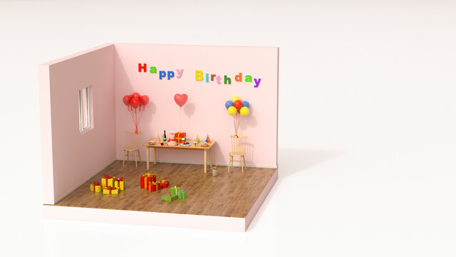 A 3d rendering depicts a tiny birthday room with cake and balloon