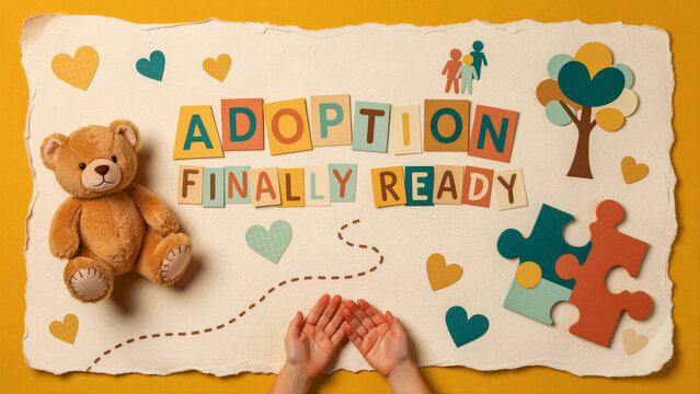 Adoption finally ready text with teddy bear and child hands. Flat lay paper craft featuring family icons and hearts. Foster care concept for social service and family planning marketing.