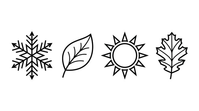 Season symbols feature a snowflake, a simple leaf, a sun, and an oak leaf in bold black lines.