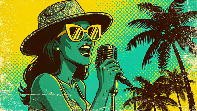 Pop art woman singing into vintage microphone. Retro illustration features singer with palm trees. Tropical music theme, perfect for retro posters and beach events.