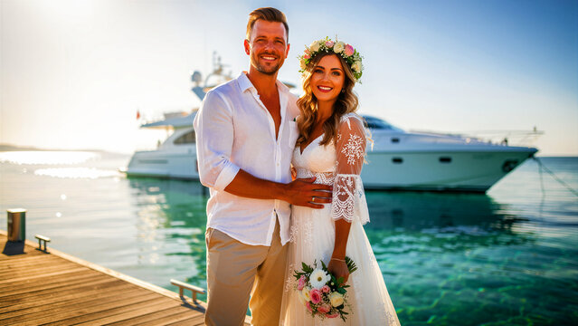 Happy bride and groom posing on a wooden pier with a luxury yacht in the background. Newlyweds celebrate their destination wedding at a sunny tropical marina. Romantic luxury travel concept.