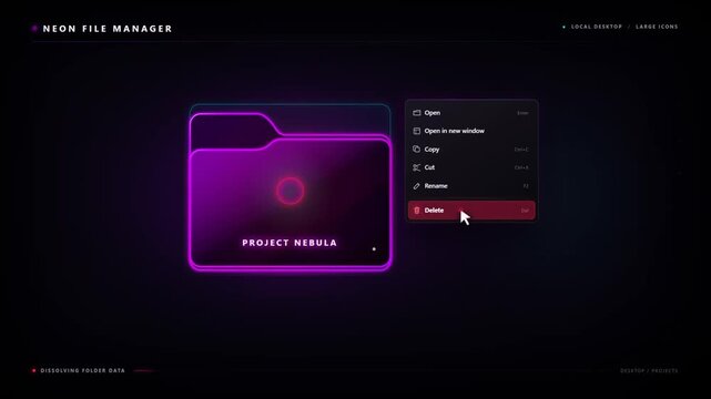 Neon file manager interface delete a project folder through cursor menu