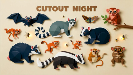 Fototapeta premium Paper-cut nocturnal animals like lemurs, bats, and badgers. Artistic papercraft wildlife characters on neutral background. Creative craft concept for educational media and children's designs.
