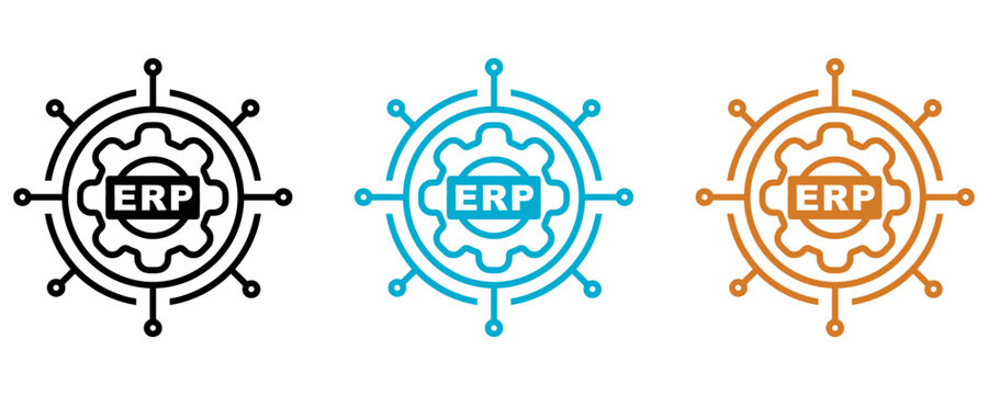 Set of three ERP enterprise resource planning system icons with gear and digital network nodes.