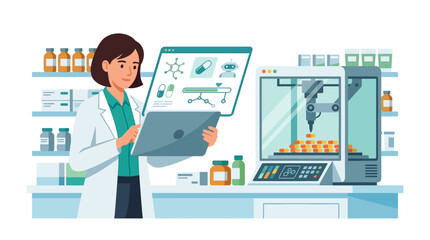 Fototapeta premium Professional female pharmacist operating AI-powered tablet and medicine production machine in futuristic laboratory flat design vector illustration.
