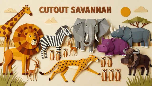 African wildlife animals in paper cutout style. Diverse savannah species like lion, elephant, and zebra as origami art. Creative papercraft illustration for education and children's design.