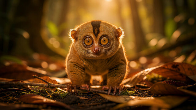 Tarsier primate standing on forest floor with large eyes staring. Close-up of nocturnal animal in wild jungle environment during golden hour. Wildlife conservation theme for nature education.