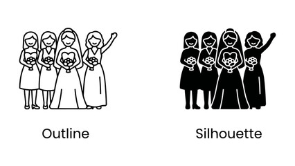 Fototapeta premium Bridal Party Duo: An outline and silhouette depiction of a bride with her bridesmaids, adorned with bouquets, ready for the wedding ceremony.