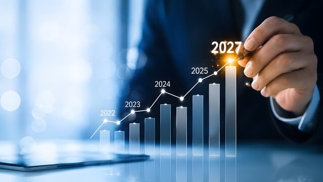 A business person touching a digital bar chart showing financial growth with increasing yearly progress from 2023 to 2027 in a professional office environment with bright blue light effects