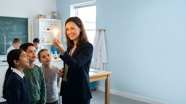 Professional female teacher holding a glowing lightbulb in a science classroom while three young elementary students look on with wonder, symbolizing innovation and inspiration in education.