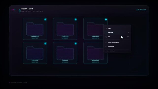 Recycle bin interface restores six deleted folders to the desktop
