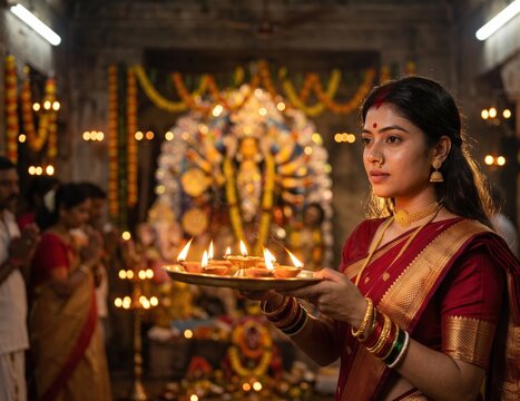 Temple Night Aarti &ndash; Devotee Offering Prayers to Maa Durga
