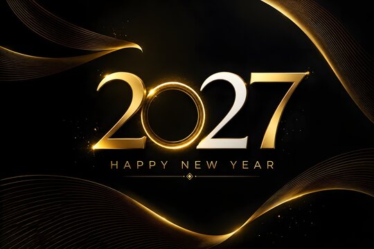 Happy new year 2027 gold and silver metallic text with glowing abstract lines on a dark black background for luxury holiday greeting card design and festive celebration event poster