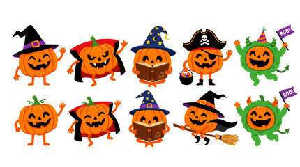 Obraz premium Halloween Pumpkin Cartoon Character Collection with Cute Movable Vector Illustrations