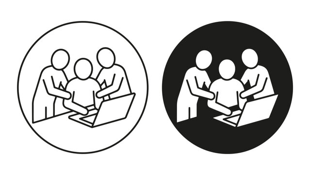 Business collaboration team working on laptop icon set with collaboration