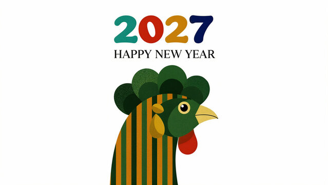 Colorful rooster illustration for 2027 Happy New Year. Modern graphic design features a striped bird. Chinese zodiac theme, ideal for holiday greeting cards and marketing.