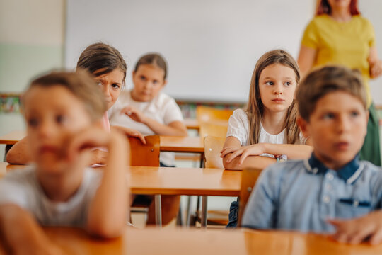 Elementary school children learning in classroom with teacher