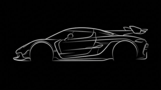 High performance hypercar profile outline illustration showcasing aggressive aero parts and large wing on dark base.