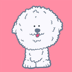 Fototapeta premium Cute fluffy white bichon frise dog sitting front view smiling with tongue out cartoon vector illustration isolated on pink background