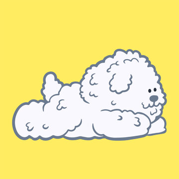 Cute fluffy white bichon frise dog lying down resting flat cartoon vector illustration isolated on yellow background