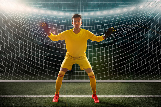 Football match in stadium: Penalty kick
