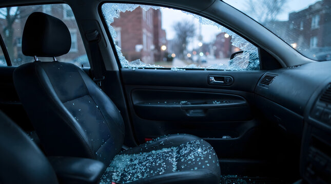 Shattered passenger side window of a car with broken glass shards scattered over the black leather seat after a break-in