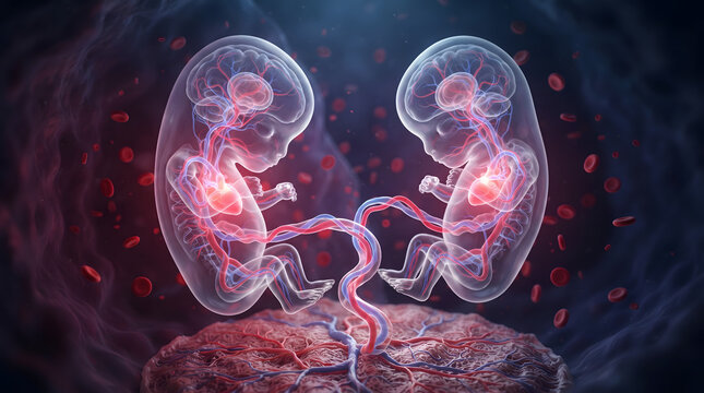 Medical illustration of twin human fetuses inside the womb showing nervous system, glowing hearts, and umbilical cord connected to the placenta