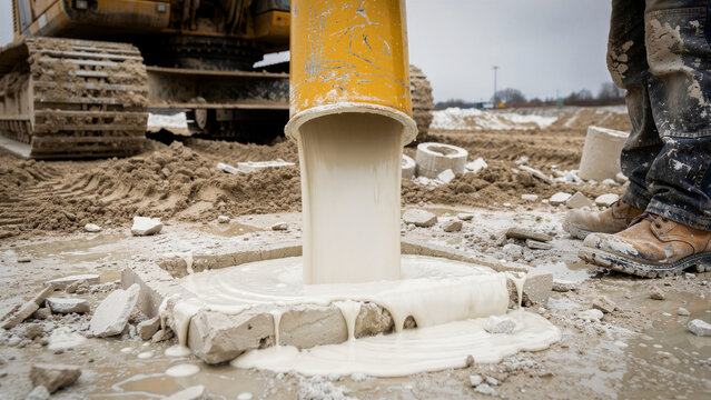 Construction rig pouring liquid grout into a foundation hole. Heavy machinery and worker boots during concrete stabilization work. Infrastructure engineering concept for industrial marketing.