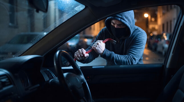 Masked thief in a dark hoodie using a red crowbar to break into a car at night viewed from inside the vehicle
