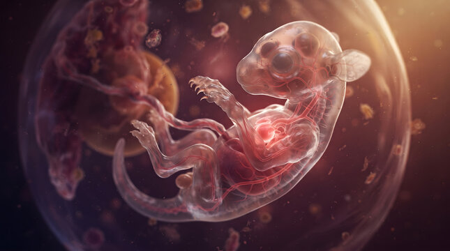 Detailed 3D medical illustration of a mammalian embryo inside the amniotic sac showing visible blood vessels, heart, and umbilical cord