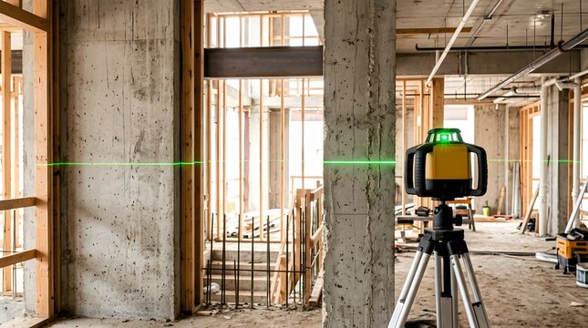 closeup of self leveling rotary laser level creating precision horizontal construction reference line for interior framing alignment and commercial building installation workflow
