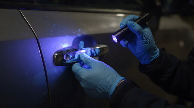 Forensic investigator in blue gloves using UV light flashlight to detect latent fingerprints on a car door handle at crime scene