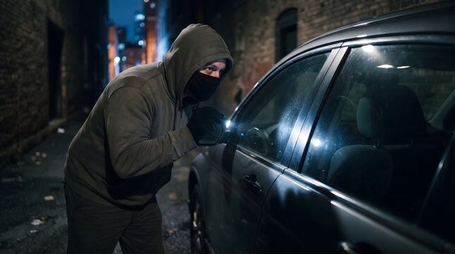 Thief in a hoodie and face mask shining a flashlight into a car window in a dark alley at night committing vehicle burglary