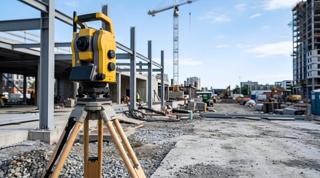 closeup of robotic total station surveying instrument mounted on stable tripod for precision construction site layout building alignment and civil engineering measurement with copy ready composition