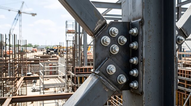 closeup of structural steel gusset plate connection with high strength bolted fastening system supporting commercial building framework during construction