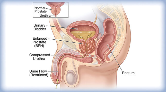 Medical diagram showing male pelvic anatomy with enlarged prostate gland and urinary bladder cross section