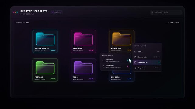File manager compresses six project folders into a ZIP archive