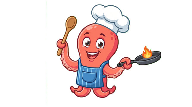 Friendly octopus chef character wearing apron with frying pan and spoon. Cartoon mascot isolated on a clean transparent background