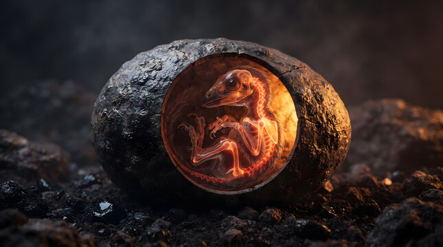Glowing dinosaur embryo skeleton visible inside a cracked fossilized egg on a dark rocky ground, prehistoric paleontology and archaeology concept