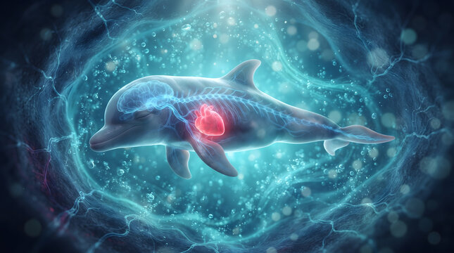 Anatomical digital illustration of a dolphin showing a glowing red heart and blue brain nervous system underwater with bubbles background