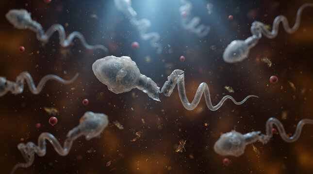 Microscopic view of damaged sperm cells swimming in fluid with one spermatozoon showing a broken tail, representing male infertility and reproductive health issues