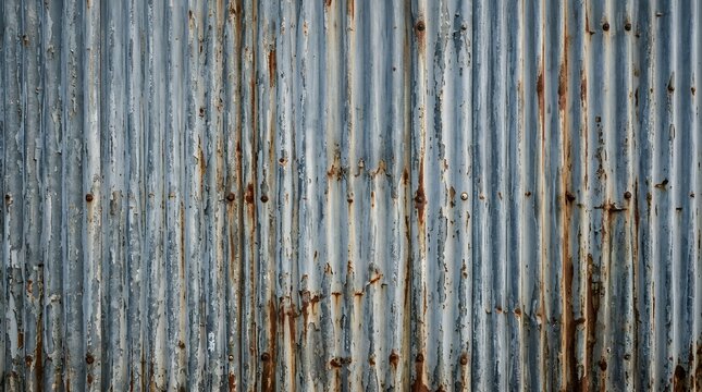 Rusty corrugated metal wall with blue paint texture