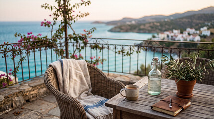 Fototapeta premium A cozy balcony setup overlooking the sea at sunset, with a wicker chair draped in a blanket, a wooden table, a cup of coffee, a water bottle, and a leather notebook.