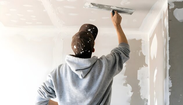 Construction worker plastering a ceiling with a trowel in a residential room renovation