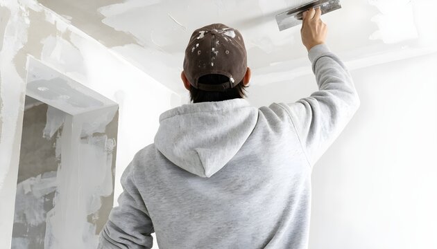 A construction worker wearing a hoodie and baseball cap uses a metal trowel to apply plaster and skim coat to a ceiling during a home renovation project.
